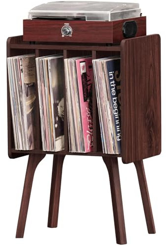 LELELINKY Tocadiscos de Madera con 4 casilleros, Mesa para Discos de Vinilo de Mediados de Siglo con Patas de Madera Maciza, Tiene Capacidad para 100 álbumessalón,Nogal