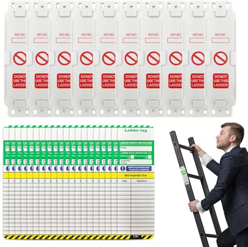 Ladder Tags-10 Holders and 20 Ladder Inspection Tags Inserts Waterproof Record Kit, Podiums, Towers, Podiums for All Ladder Types Protect Platforms, Steps, Indoor & Outdoor