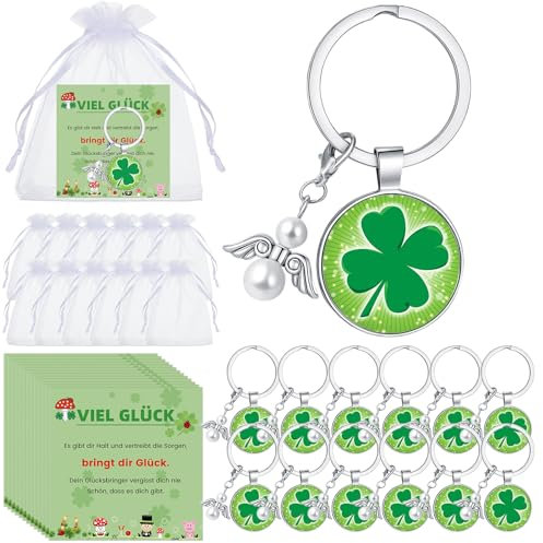 Kasyat 12 Set Glücksgeschenken Umfasst 12 Glücksbringer Schlüsselanhänger 12 Engel Schlüsselanhänger 12 Grußkarte und 12 Weiße Organza Säckchen mit Kordelzug (Vierblättriges Kleeblatt Glück)