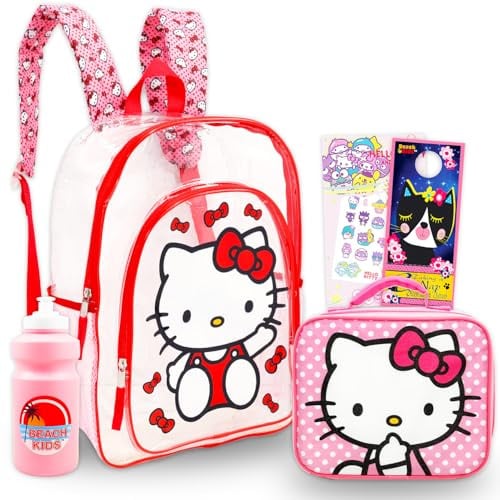 Hello Kitty Rucksack Boba für Mädchen – Paket mit 40,6 cm Rucksack, Aufkleber, Flasche, mehr Schulbedarf, Transparent, Hello Kitty Clear Rucksack, Hello Kitty Transparent Rucksack, Hello Kitty