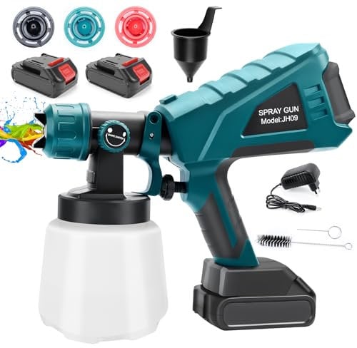 Pistola per Verniciare, Pistola Elettrica per Verniciare mit Batteria 2 con 3 Ugelli e 3 Modalità, 1000 ml Aerografo per Verniciare per Recinzione da Giardino, Pareti, Mobili