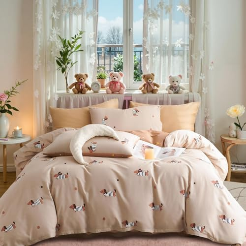Tospass Dackel Bettwäsche 220x240 Baumwolle Khaki Dachshund Bettwäsche Set | ÖKO-TEX Bettwäsche für Allergiker,Aesthetic Bettwäsche Mädchen,3teilig Bettbezug mit Reißverschluss und 2 Kissenbezug 80x80cm