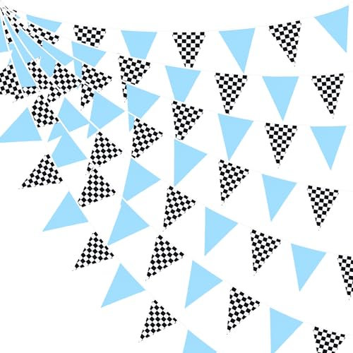 32Ft Blue Black White Checkered Race Car Fabric Bunting Banner Racing Car Party Decorations Triangle Flag Pennant Garland Streamers for Kids Boy Birthday Baby Shower NASCAR Theme Party Outdoor Decor