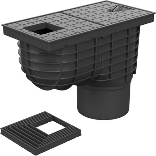 SaniVia Gully DN 125 - Scarico per grondaie con Coperchio Quadrato e sifone antiodore, Attacco Tubo di Scarico 75 – 125 mm, Scarico Verticale, carico K3, Colore Nero