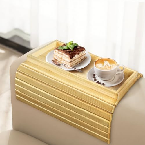 AOOHA Sofatablett Armlehne,Bambus Couch Tablett mit Anti-Rutsch Kork Pad,Faltbares Couch Tablett Armlehne mit Getränkehalter, Sofalehne Ablage für Snacks Handy Control Tassen