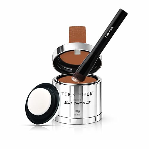 THICK FIBER Root Touch Up & Hairline Powder with Brush (LARGE 10g) – Covers Grey Roots, Thinning Hair & Bald Spots – Sweat & Water Resistant Hair Concealer for Women & Men (Medium Golden Brown)