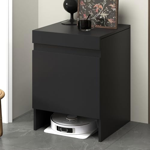 SOFACHEN Meuble De Rangement Caché pour Aspirateur Robot, Table D'appoint pour Robot Balayeur avec Porte en Bois Massif, Étagère De Rangement pour Chambre, Salon, Dortoir(Black)