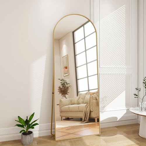 KeepGoon Miroir Complet bombé 177 x 77 cm avec Coins arrondis, Miroir sur Pied, à Suspendre, Debout ou adossé, pour Chambre à Coucher, doré - Rond