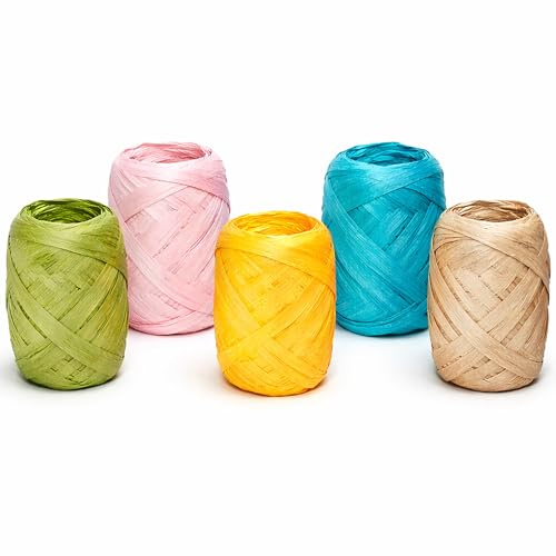 Papierband Raffiabast 5 Rollen Set je 20m - Geschenkband Raffia Papier Schnur Craft Verpackung - Bastband Papiergarn zum Binden Verzieren - Bänder für Geschenke Deko - Happy Colors Mix