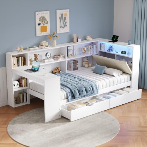 3ft Single Bed Frame with Desk & LED Concealed Storage Headboard & Bookcase & 2 Storage Drawers, Household Low Platform Bed with Charging Station, Wooden Daybed Guest Beds Sofa Beds, White, 90x190 cm