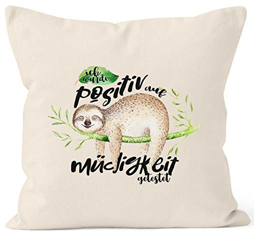 MoonWorks Kissenbezug Faultier Faultier Ich wurde positiv auf Müdigkeit getestet Sloth Kissen-Hülle Deko-Kissen 40x40 Baumwolle Natur 40cm x 40cm