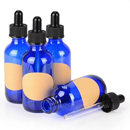 StonyLab 60ml (2 oz) 4-Pack, Cobalt Glass Dropper Bottle, Blue Empty Glass Bottle with Tapered Glass Dropper, Inner Plug and Label for Essential Oils Aromatherapy Fragrances