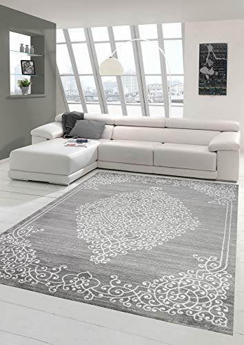 Moderner Teppich Orientteppich Ornamente mit Glitzergarn in Grau Creme Größe 80x150 cm