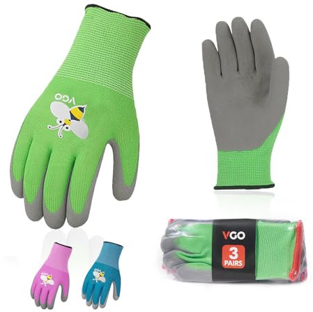 Vgo... 3 Paar Kinder Gartenarbeitshandschuhe Utility, Kinder Gartenarbeitshandschuhe Kleinkind Latexbeschichtung für Jungen&Mädchen (RB6013-KID)
