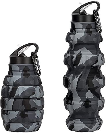 Gourde Pliable Grenade 580 ML sans BPA Gourde Anti-Fuite en Silicone Alimentaire Bouteille de Sport pour vélo, Sport, Festival avec Mousqueton + Bouteille de Sport étanche