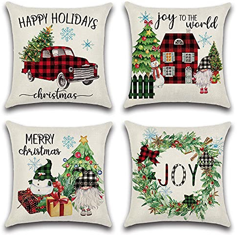 JOTOM Weihnachten Kissenbezug wasserdichte Kissenhülle 45x45cm 4er Set Sofakissen Dekokissen Bezug für Sofa Zimmer Outdoor Balkon Terrasse Patio Garten Outdoor (Schwarz Rot Kariertes Weihnachten)