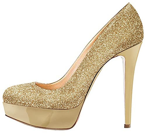 WGUYEFD Damen Pumps mit Spitzen Zehen, modische Pailletten, rückenfrei, Stiletto, geschlossene Zehe, klassisches Slip-on-Kleid, Pumps, Hochzeit, Braut, Partyschuhe, große Größe 35-45,Gold,40