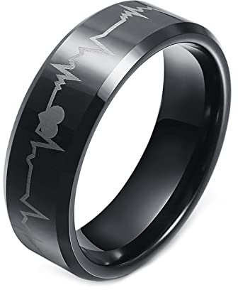 Ayoiow Ring Männer mit Gravur, Ring Wolfram Herren 8mm Herzschlag Ring Verlobung Schwarz