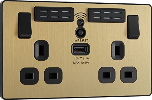 BG Electrical Evolve - Extensor Wi-Fi de doble conmutación con puerto de carga USB de 2,1 A, 13 A, latón satinado