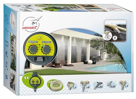 Jardibric - Kit Completo de Nebulización Fija BRU071 con Temporizador, 10m de Manguera, 6 Conexiones, Boquillas Antigoteo a 2 Bares, 20 Pinzas y 20 Abrazaderas - Ideal para los Días Calurosos.