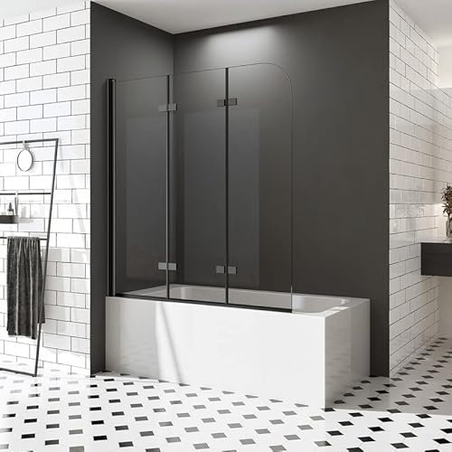 Duschwand für Badewannen 130 x 140 cm 3 teilig Schwarz faltbar Duschabtrennung Sicherheitsglas hell Faltwand Duschwand Nano Glas 6mm ESG Duschwand