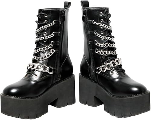 DEMONIA - Alaric Schwarz Gothic Stiefel mit Metallketten - Größe 37-5 cm Plateau und 8 cm Absatz