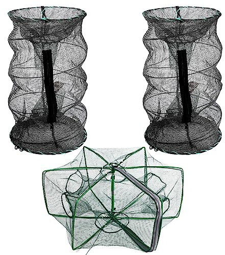 Fishing Bait Trap, Portable 2pcs Cylindrical Fishing Trap Cage with 1pc Hexagonal Fishing Net Cage Collapsible Crab Shrimp Lobster Fishing Net Trap for Freshwater Fish & Sea Fish