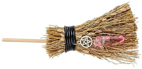 COHEALI Mini Witch Straw Broom Crystal Witch Broom Mini Halloween Witch Broom Wicca Brush with Crystal Wand for Halloween Healing Wiccan Ritual Decor Pink Miniature Broom
