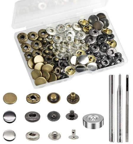 24 Sets Heavy Duty Leather Snap Fasteners Kit, BetterJonny 12.5mm Metal Snap Buttons Press Studs Leather Rivets Snaps with 4 Setter Tools for Clothes Bracelet Jackets Jeans, 3 Color