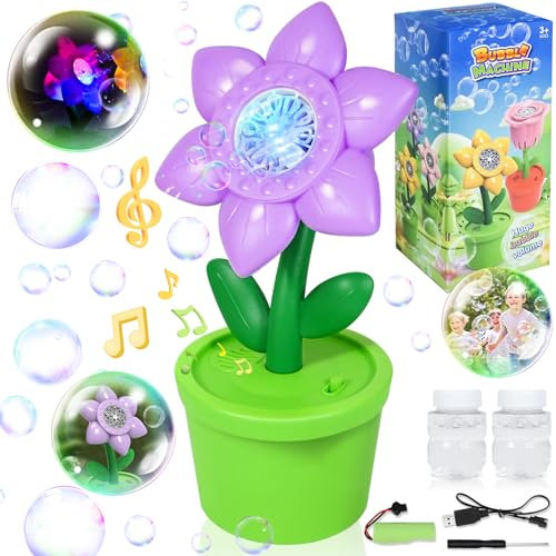 FORMIZON Machine à Bulles Tournesol, Machine à Grosse Bulles Enfant avec Eclairage et Musique, Machine à Bulles de Savon Set 40ml*2 Liquide à Bulles, Cadeaux Garçons Filles Jardins Fête (Violet)
