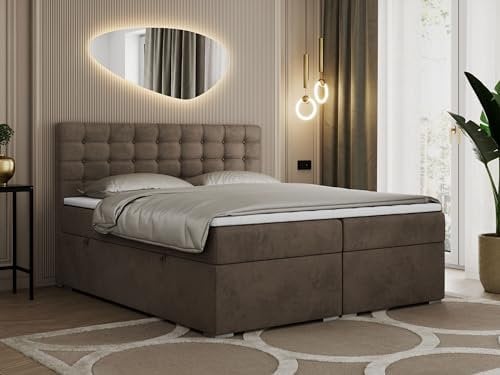 MKS MEBLE Boxspringbett Braun 180x200, Polsterbett 180x200 mit Bettkasten, Bett 180x200 mit Multipocket-Matratze H4, Boxspringbett 180x200 mit Kopfteil und Topper - H4 Braun Velvet - Susan