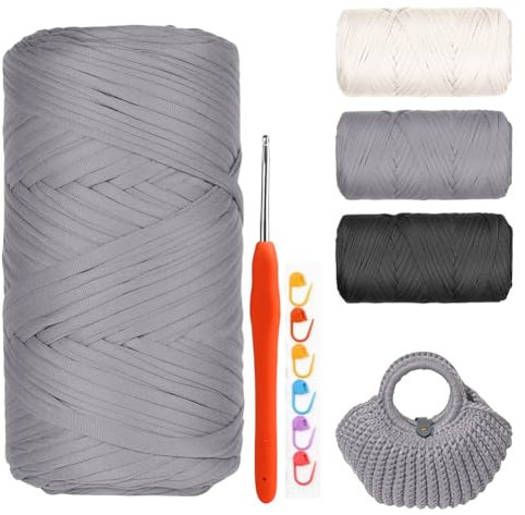 RANJIMA T-Shirt Garn - 400g/120m T-Shirt Bändchengarn Zum Häkeln, Dickes Ribbon Garn Crochet Yarn, Textilgarn zum Häkeln für Körbe/Häkeltaschen/Teppiche, Heimdekoration,DIY-Kunsthandwerk Hellgrau
