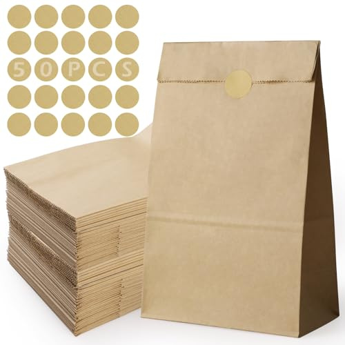 50 Stück Papiertüten Klein mit Aufkleber,GeeRic 24 x 13 x 8 cm Tüten Papier mit 50 Aufkleber,Geschenktüten Braun Kraftpapiertüten DIY Süßigkeiten Beutel Mitgebsel Tüten für Hochzeit Candy