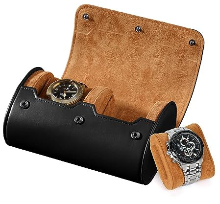 BAIGIO Scatola per Orologio cilindrico, Cofanetti Orologi Pelle, Porta Orologi da Viaggio per 2 Orologi, Organizer per Orologi, Cofanetto per Orologi espositore da Polso (Nero-2 Orologi)