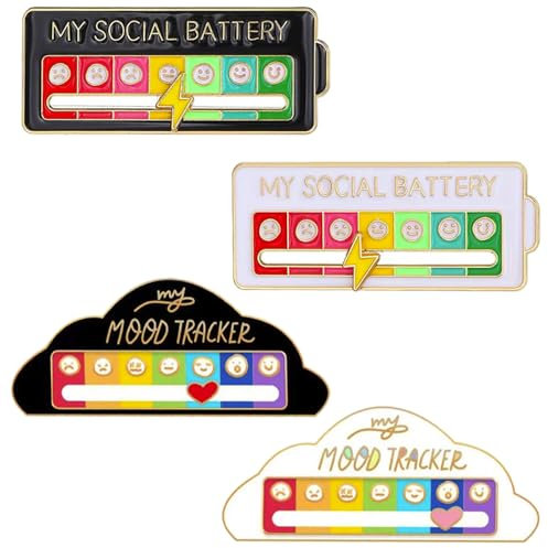 4PCS Social Battery Pin Funny Mood Pin Badge Creative Expression Pin Brooch Cute Adjustable My Social Battery Badge for 7 Days Men Women Gift