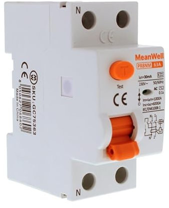 MeanWell Interruptor diferencial 30mA, Clase AC, 1P+N 6000A 30mA, 2 módulos DIN, Residual Current Circuit Breaker, RCCB 1P+N 63A
