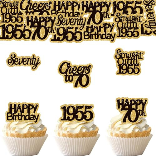 ENLACE Essbare Tortendeko 70 Geburtstag Mann Frau,48 Stk 70 Geburtstag Deko Torte Essbar,Esspapier Kuchendeko 70. Geburtstag 1955,Muffins Deko 70 Geburtstag,Essbare Cupcake Deko 70 Geburtstag Frau