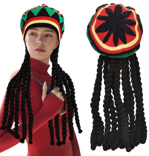 FUIPVGI 1 Stücke Mütze Rasta Dreadlocks Reggae Hut Rasta Hut, Langer Geflochtene Perückenkappe, Jamaikanische Dreadlocks Perücke, Maskerade-Kostümzubehör für Partys, Cosplay (Mehrfarbig)