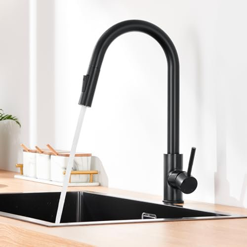 Lonheo Grifo Cocina Extraible, Grifos Cocina Fregadero Negro con 2 Modos de Flujo de Agua, Grifo de Cocina Alto con Caño Giratorio a 360°, Torneira Cozinha Monomando de acero inoxidable