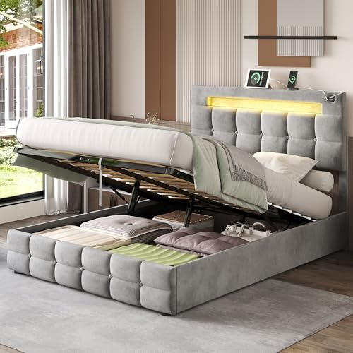 4ft6 Double Upholstered Bed Velvet Ottoman Bed Frame LED Upholstered Bed with Hydraulic Storage,USB & Type-C Charging Ports,Adjustable Tufted Headboard, No Box Spring Needed, Grey - Without Matress