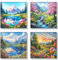 HEIBAGO Encadré Paint by Numbers pour Adultes, 4 Pack Paysage Paint by Numbers Canvas pour Débutants, DIY Kit de Peinture Fleurs, Montagnes Peinture par Numéros pour Décoration de la maison 8x8 inch