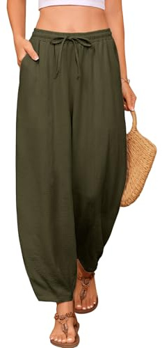 UMIPUBO Femme Pantalon Été Élégant 7/8 Pantacourt Taille Élastique Leger Chic Carotte Baggy pour des Vacances Décontractées Longueur Pants avec Poches A La Plage (Vert Armée, M)