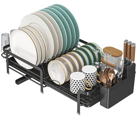 JOUING Egouttoir Vaisselle Extensible Égouttoir à Vaisselle sur Cuisine Evier Metal Dish Drying Rack avec Plateau Dish Drainer avec Porte Couverts et Porte Tasse (Noir)