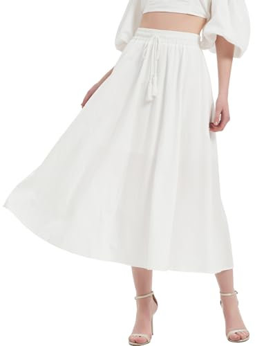 Kefiys Rock Damen Sommer mit Taschen Lang Röcke mit Gummizug Sommerrock mit Kordelzug Einfarbig Casual Hochzeit Cocktail Midi Skirt Weiß S