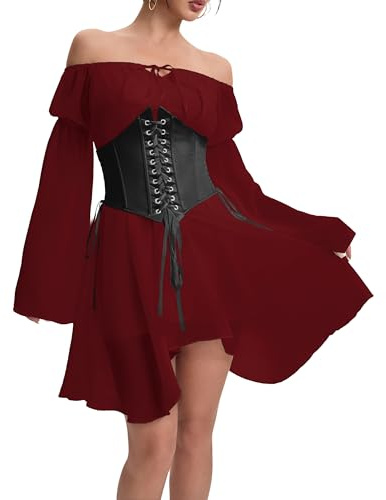 FDKLOOK Womens Corset Dresses Off Shoulder Bell Sleeve Irregular Fairy Party Gothic 2 Piece Set Mini Dress XL
