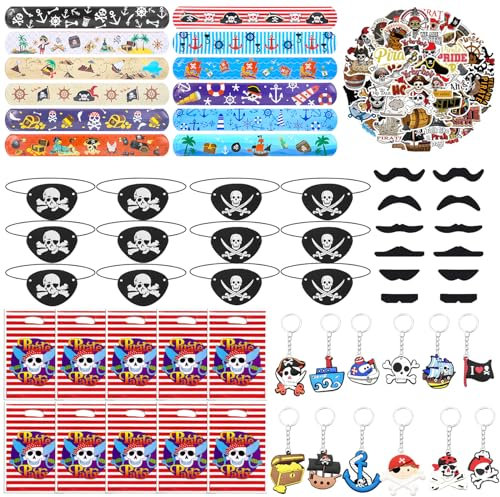 Fzyisw 108 Stück Piraten Kindergeburtstag Set, Piraten Mitgebsel Kindergeburtstag mit Augenklappe Pirat Schnapparmbänder Schlüsselanhänger Aufkleber Geschenktüte und Pirat Schnurrbärte