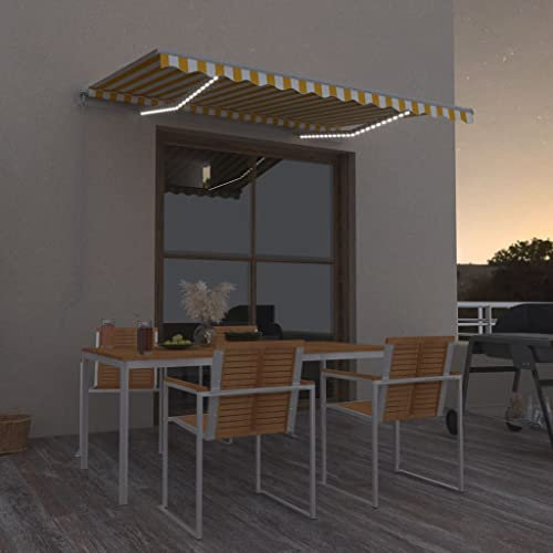 IKAYAA Tenda da sole 300x250 Tenda da Sole Retrattile Manuale con LED con Manovella Tenda a braccio per esterno Terrazza Balcone -Giallo e bianco-300 x 250 cm