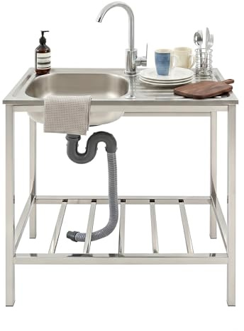 TONFEION Gewerbliche Spültisch, Edelstahl Mobile Waschbecken mit Wasserhahn und Abflussrohr, Freistehende Küchenspüle, 75x40x75cm, für Restaurant, Küche