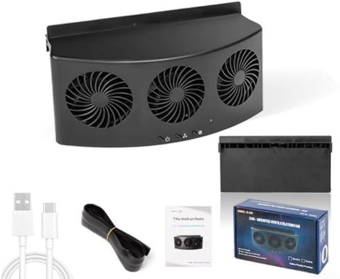 High USB rechargeable car window exhaust fan with 3 air outlets for enhanced airflow and cooling in For all vehicle models (Black | Power on)