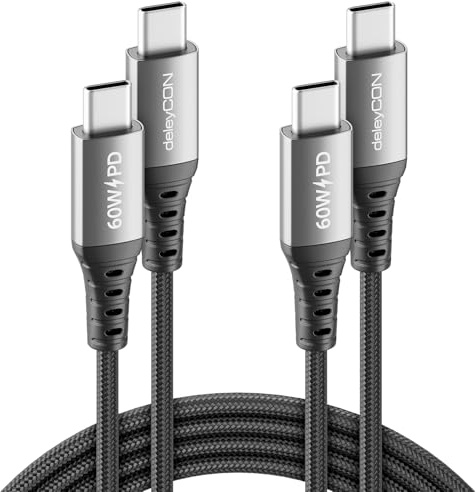 deleyCON 2x 2m Câble USB-C PD 3.0 PPS (Câble de Charge Rapide 60 W) Câble de Charge USB-C vers USB-C pour iPhone 17 16 15 Pro Max Air Galaxy S25 S24 S23 Pixel iPad Pro MacBook Air Pods Tablette Switch
